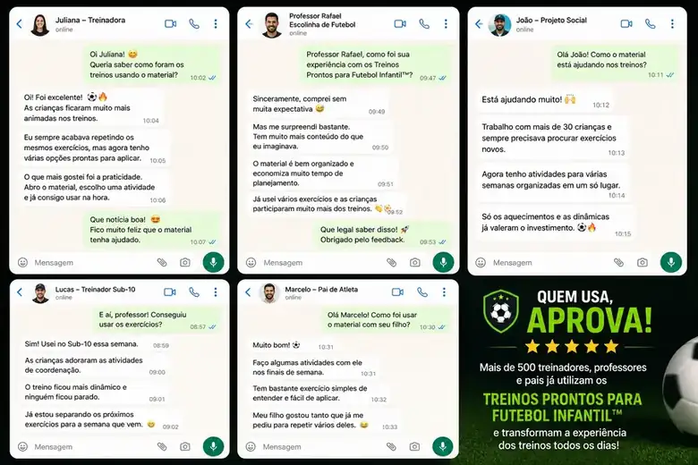 Depoimentos de treinadores e pais que utilizam Treinos Prontos para Futebol Infantil